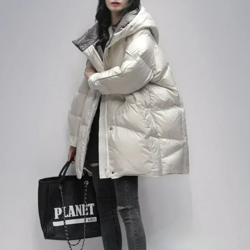Frauen Unten Jacke Winter Mantel Weibliche Mittlere Länge Version Parkas Lose Dicke Warme Outwear Mit Kapuze Vielseitig Mantel 2025, Neue
