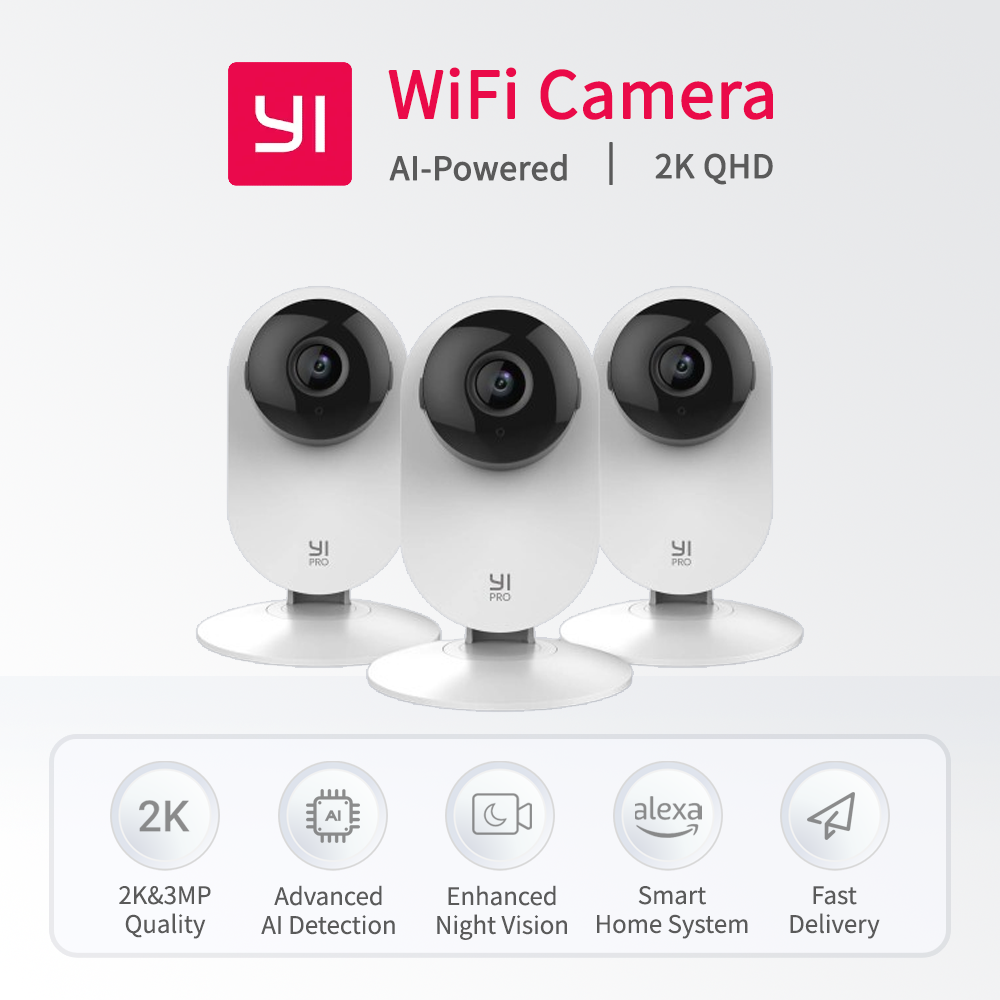 YI Pro 3pc Kits 2K Home Camera Wi-Fi IP Security Surveillance Smart System with Night Vision Baby Monitor on iOS, Android App