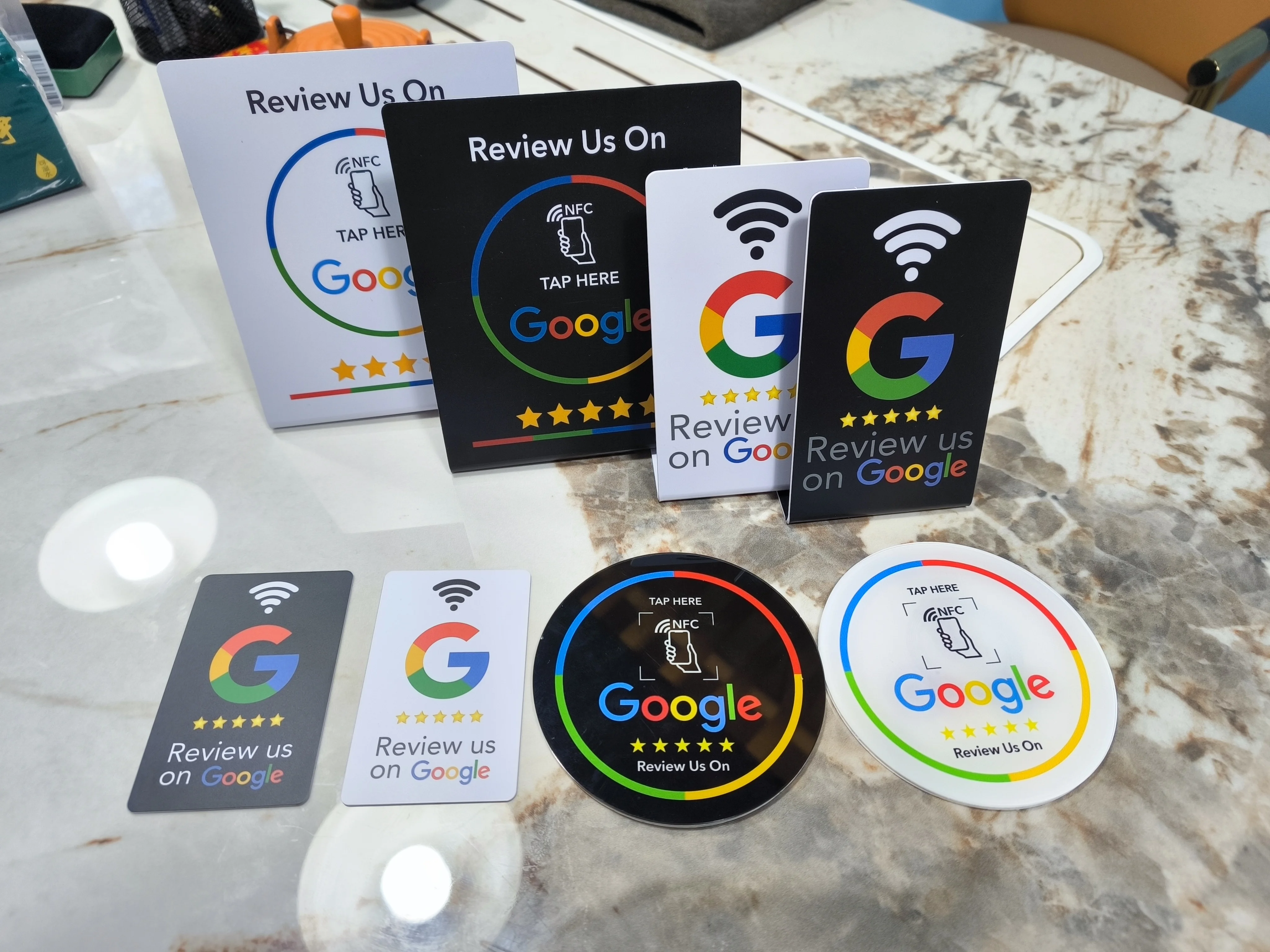 Tarjeta de revisión de Google programable de 13,56 Mhz, mesa de estación NFC, visualización de reseñas de Google NFC, tarjeta doblada, soporte de marca de pie