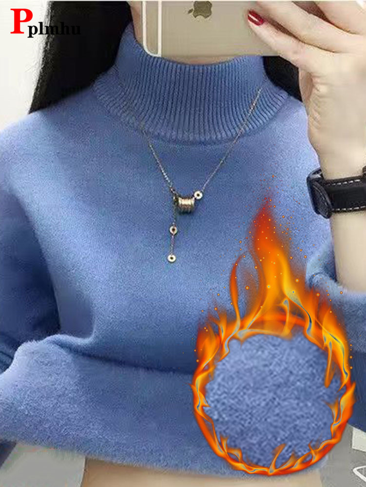 Slim Half Turtleneck Knitted Sweater Women Knitwears Velvet Lined Jumper Winter Warm Thicken Pullovers Soft Jersey Suete Tops