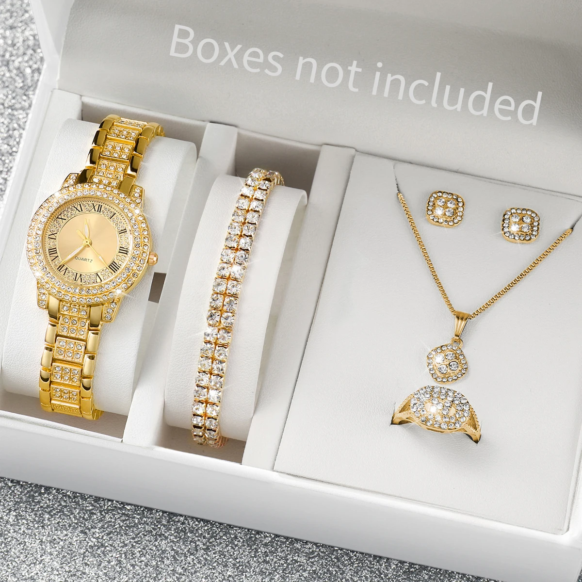 6 ชิ้น/เซ็ตผู้หญิงนาฬิกาแฟชั่น Rhinestone Roma Dial นาฬิกาควอตซ์นาฬิกาข้อมือเพชร JewelrySet (ไม่มีกล่อง)