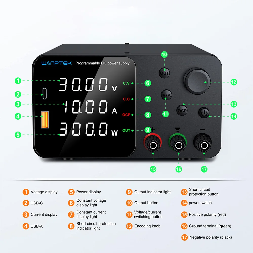 Wanptek 30V 10A Alimentatore da laboratorio 60V 5A 120V 3A Corrente di tensione regolabile con alimentatore CC da laboratorio a ricarica rapida USB