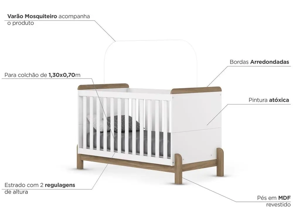 Quarto de Bebê Completo com Berço Cômoda e Guarda-roupa Henn Ternura Branco e Jequitibá