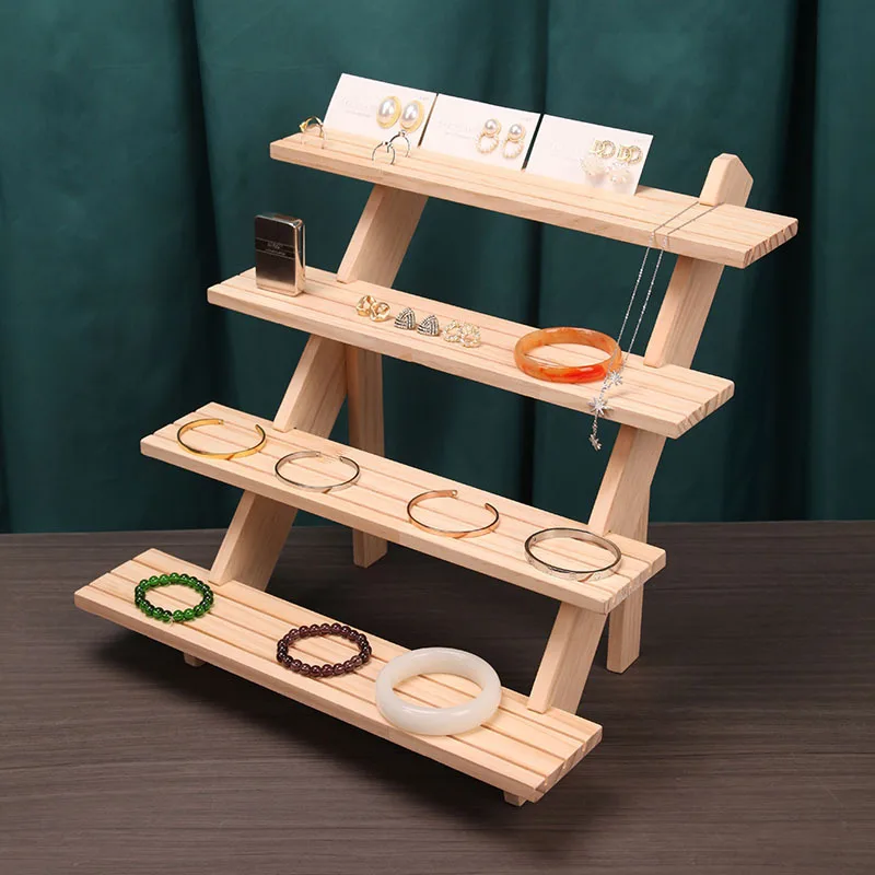 Solid wood ladder jewelry display stand, ring, cardboard, ring, doll, storage rack, display shelf.