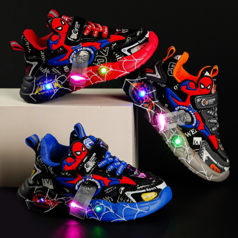 Disney LED Casual Sneakers Red Black For Spring Boys Spiderman Outdoor Shoes Children Podświetlane buty antypoślizgowe Rozmiar 21-30