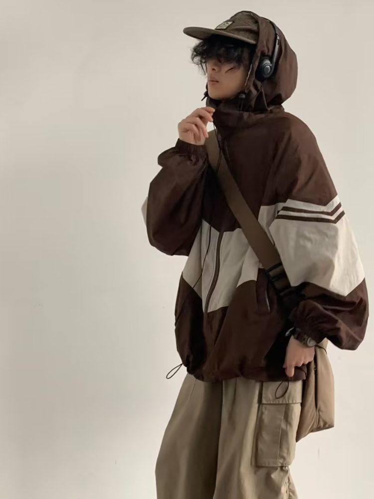 Chaquetas de hombre con capucha holgadas Patchwork contraste de Color moda cómoda impermeable ocio diario Retro exterior estilo japonés Chic