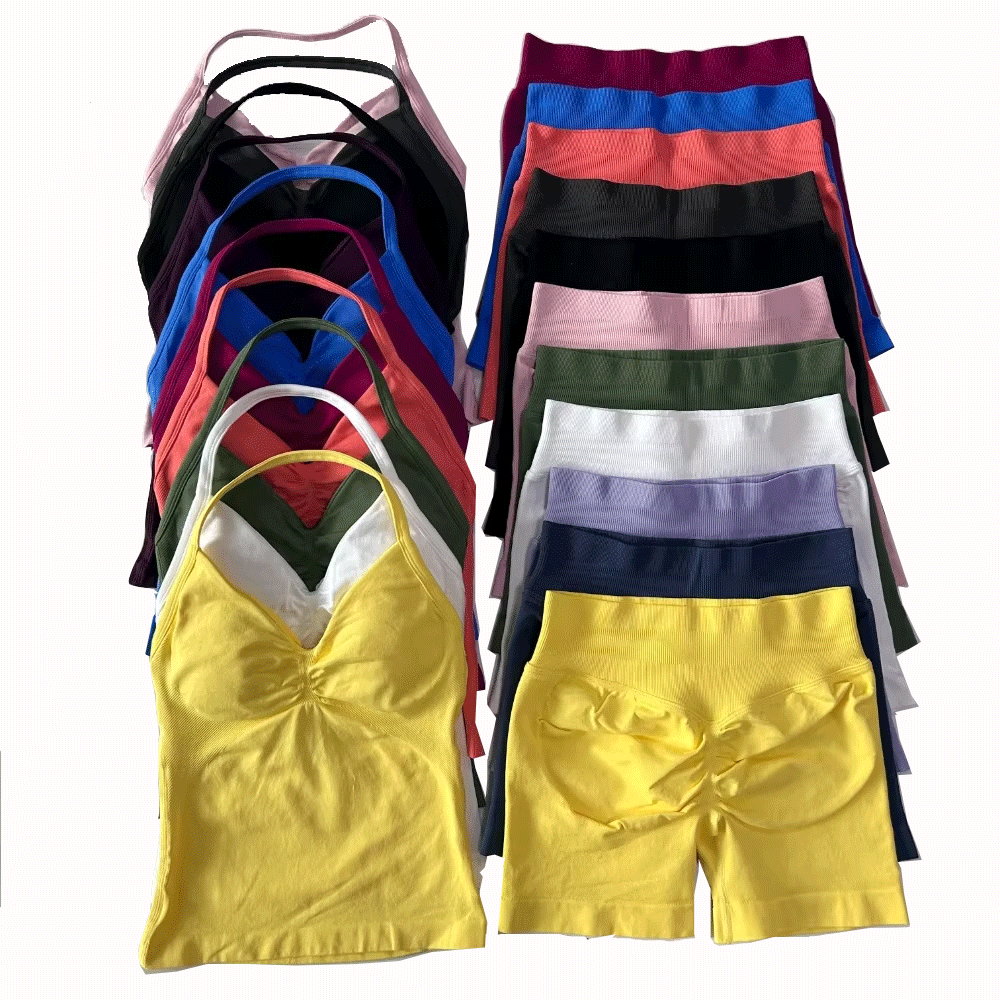 Conjunto de gimnasio de 2 uds., camisetas sin mangas, pantalones cortos sin costuras de cintura alta, traje de gimnasio, ropa deportiva, entrenamiento