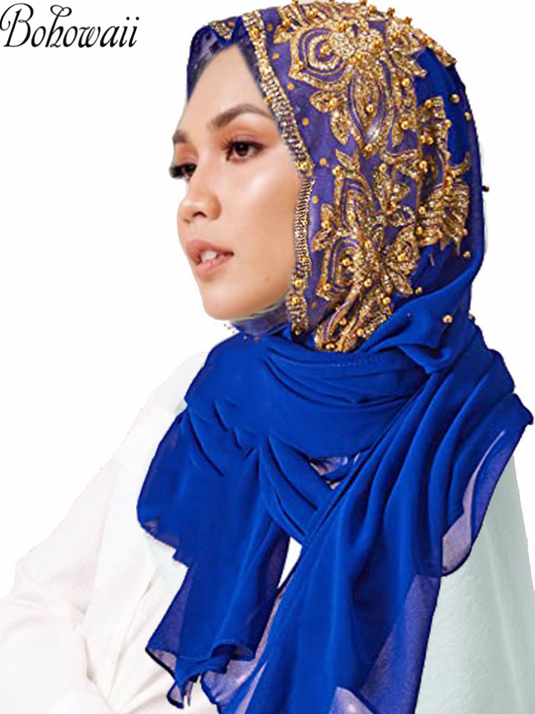 Moslim Chiffon Hijaabs Sjaal Tulband Goud Glitters Kralen Hijab voor Vrouw Ramadan Foulard Musulmane Pour Femme Lange Hoofddoek