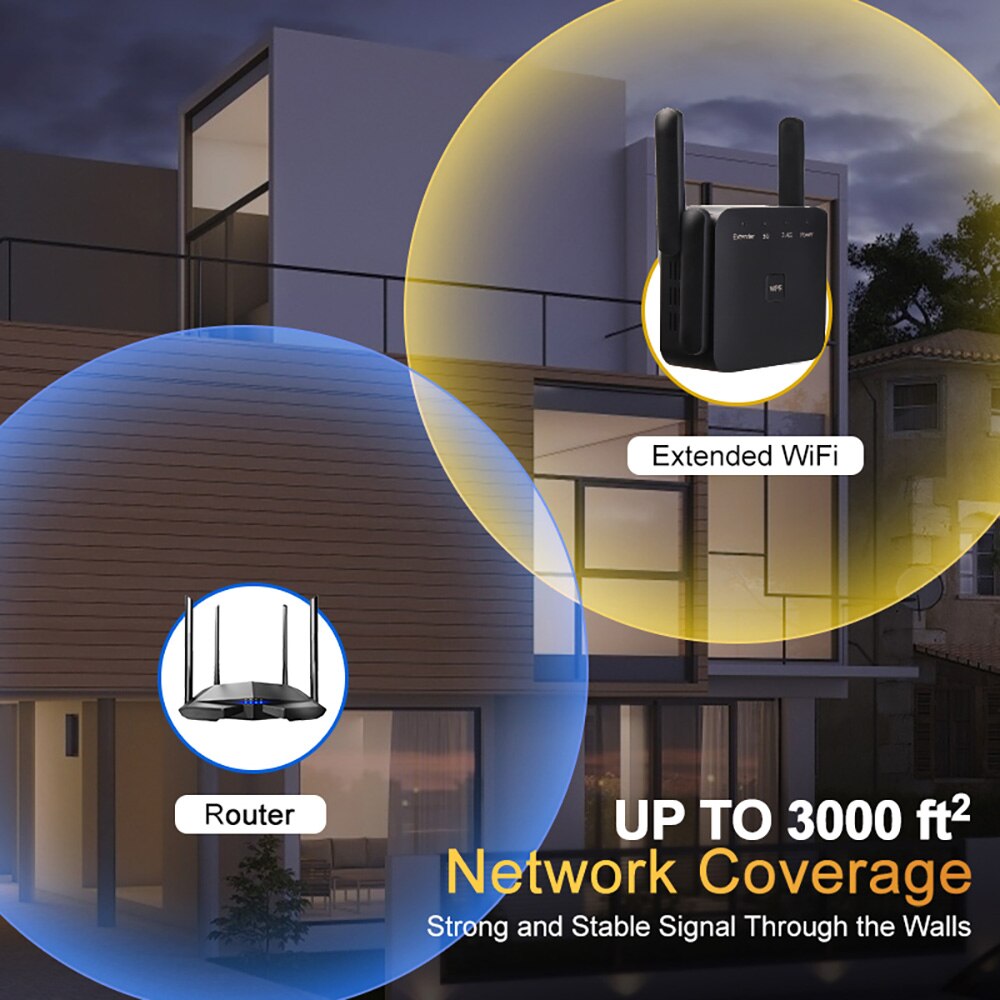 5Ghz AC1200 Repetidor WiFi 1200Mbps Router Preto Amplificador Extensor WiFi 2.4G 5GHz WiFi Signal Booster Rede de Longo Alcance