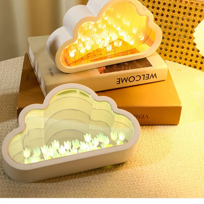Lámpara de ambiente de noche de mar con flor de tulipán hecha a mano, lámpara de tulipán de nubes, luz LED nocturna, lámpara de mesa con espejo, luces decorativas para dormitorio, nuevo
