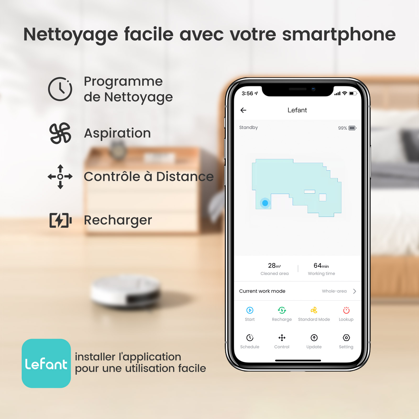 Lefant M210 robotstofzuiger, 120 minuten looptijd, automatisch zelfopladen, Wi-Fi/App/Alexa-bediening, slim huishoudapparaat