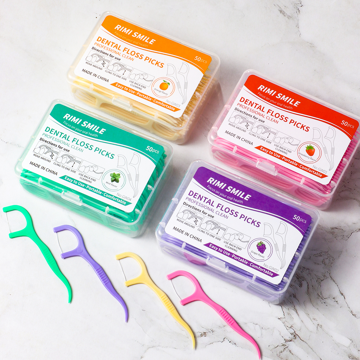 스틱/박스 50개, 과일향 치실 스틱, 선택할 수 있는 4가지 맛, 치아 사이 틈 청소 도구