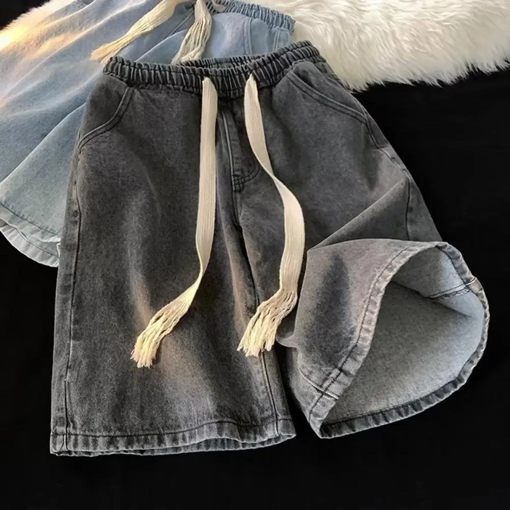 Elastic Waist Denim Trousers Men's Elastic Drawstring Denim Shorts with Pockets Casual Summer Beach Shorts Quick-drying for Men