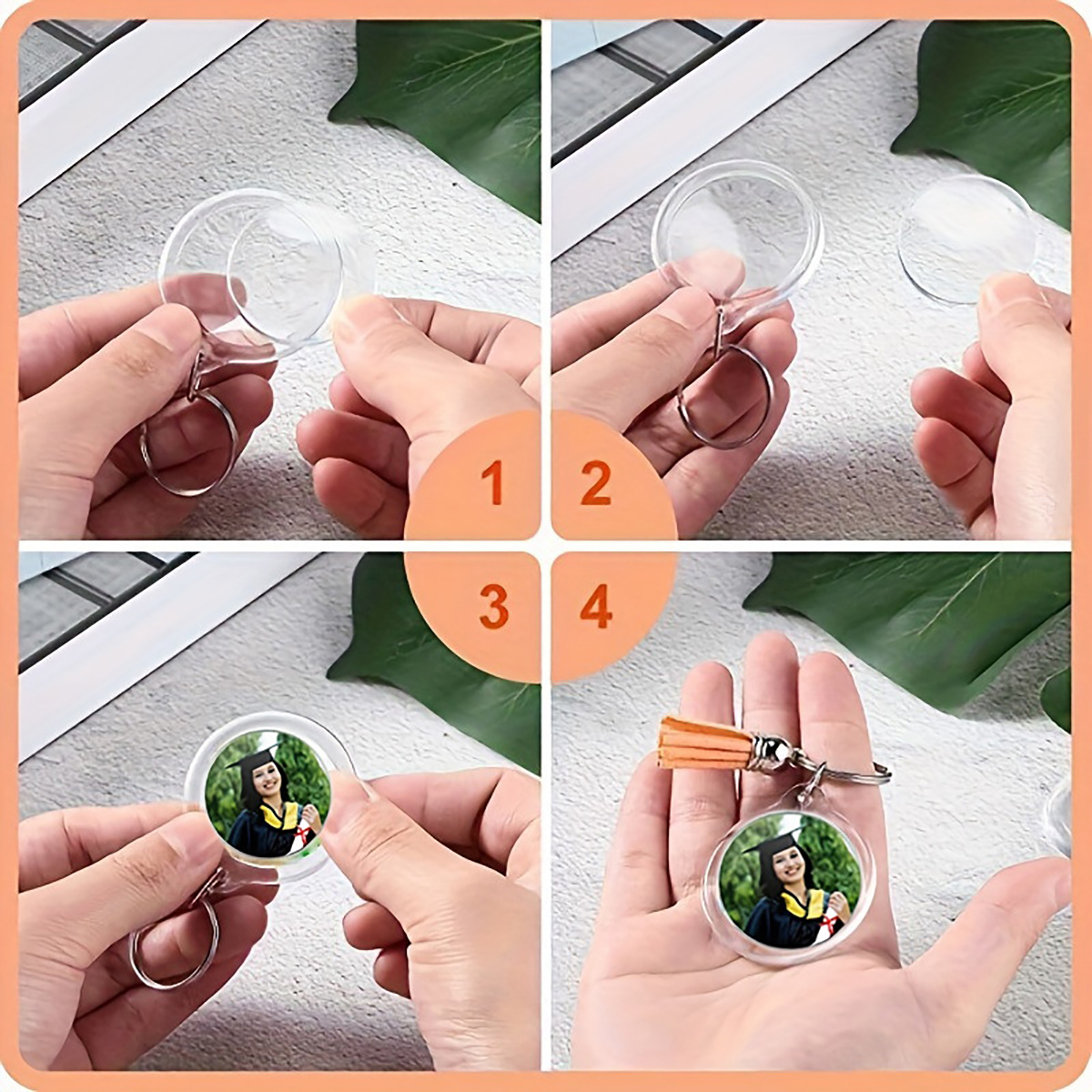 Porte-clés avec cadre Photo Transparent, 10 pièces, glands à pression, insertion personnalisée, porte-clés vierge en acrylique, pendentif Photo vierge transparente