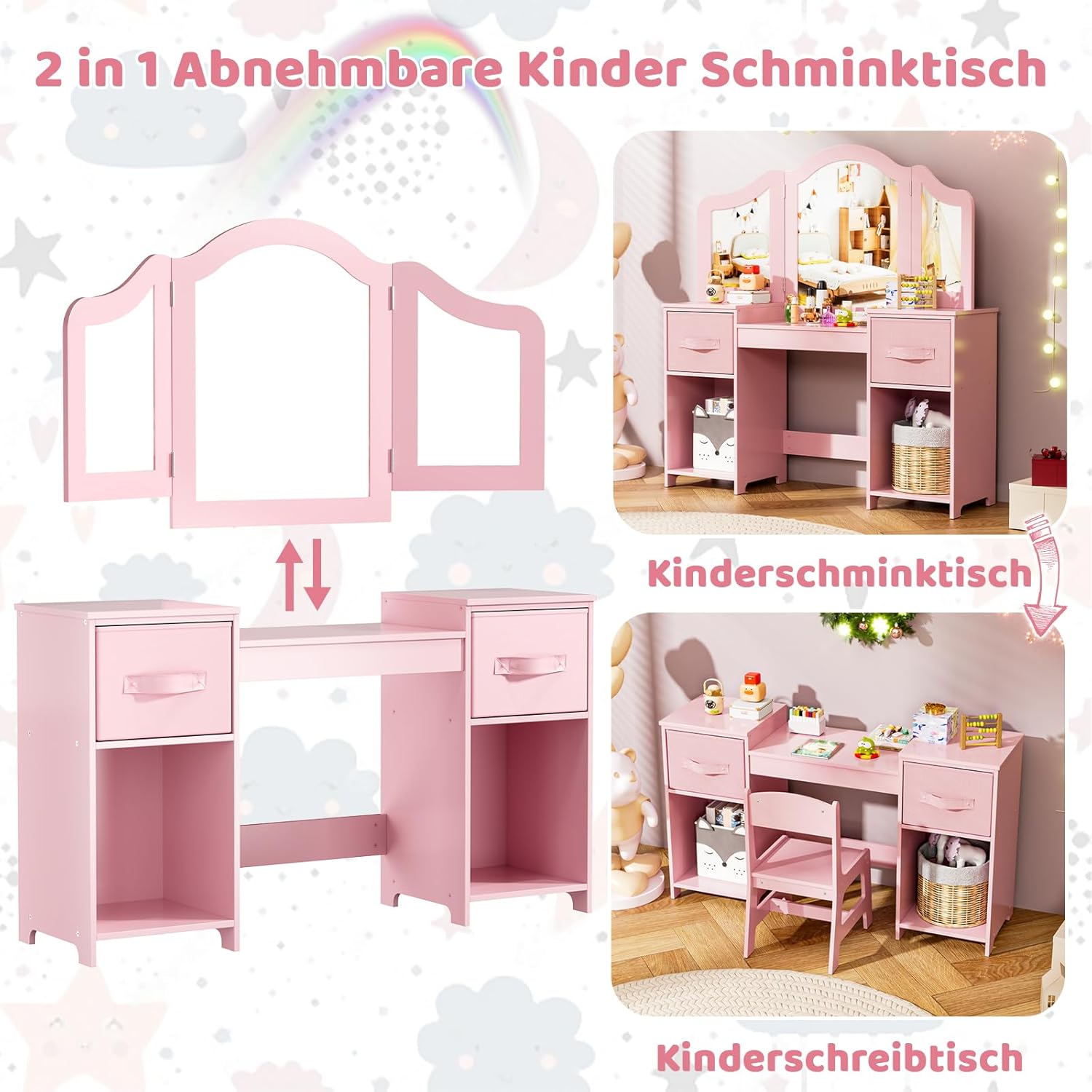 Children's Dressing Table Set,Kids Vanity Table Set,Girls Makeup Dressing Desk Chair,with Removable Mirror,Pink