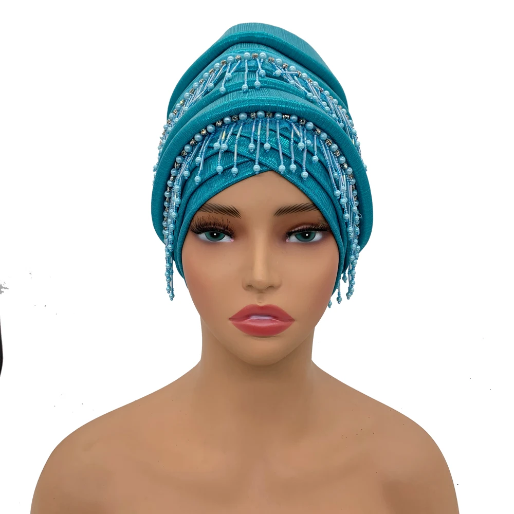 Elegante Africano Auto Gele Headtie para as Mulheres, Cabeça Feminina Wraps Bonnet, Beading Borlas Turbante Cap