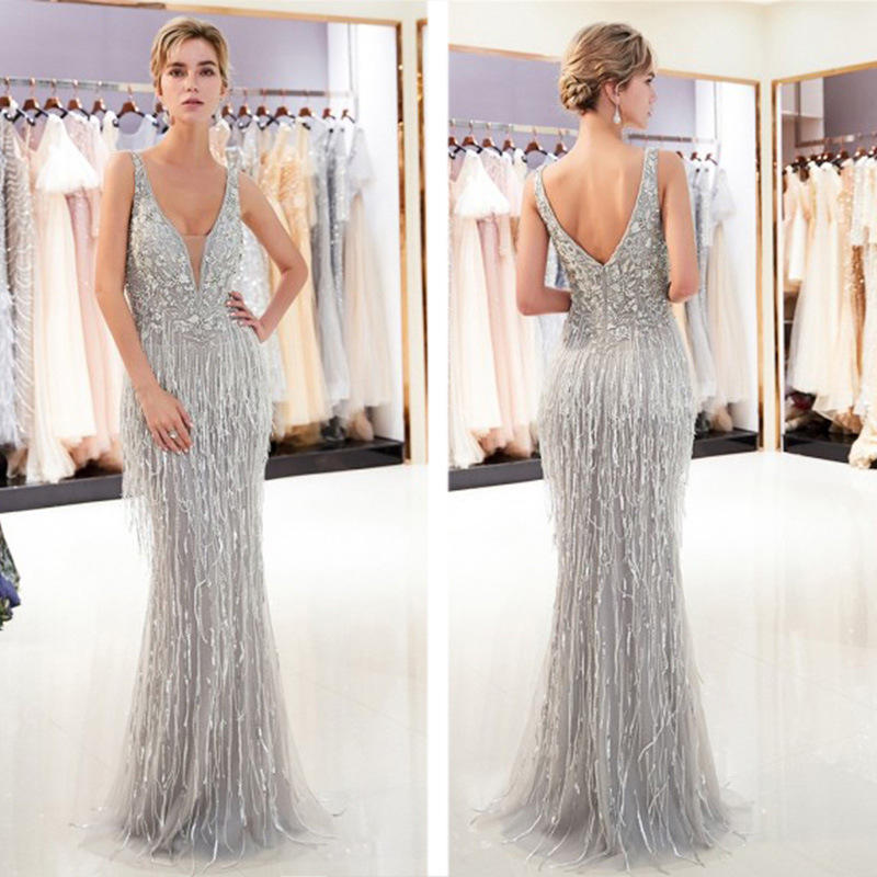 Gaun Malam Rumbai Manik-manik Leher V Seksi 2022 Gaun Maxi Selubung Pesta Wanita Baru Gaun Malam Prom Panjang