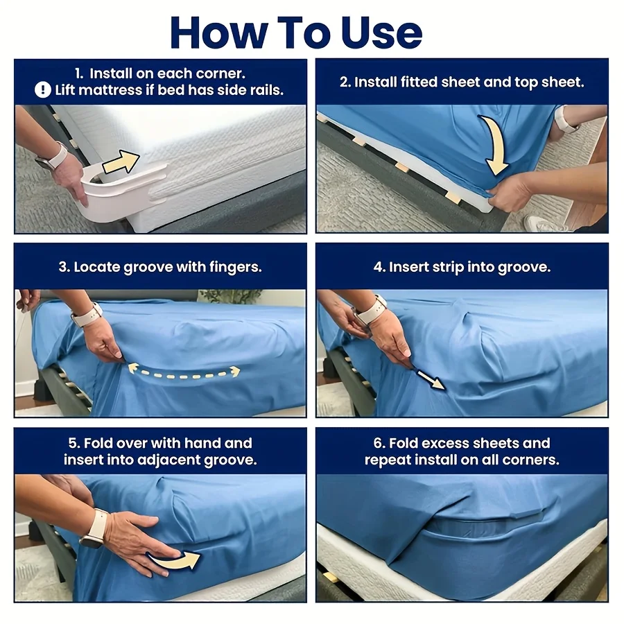 4 suportes de lençóis resistentes, alças de colchão antiderrapantes para todos os tamanhos de lençóis. Fácil instalação, mantém os lençóis fixos. Ótimo para roupas de cama modernas