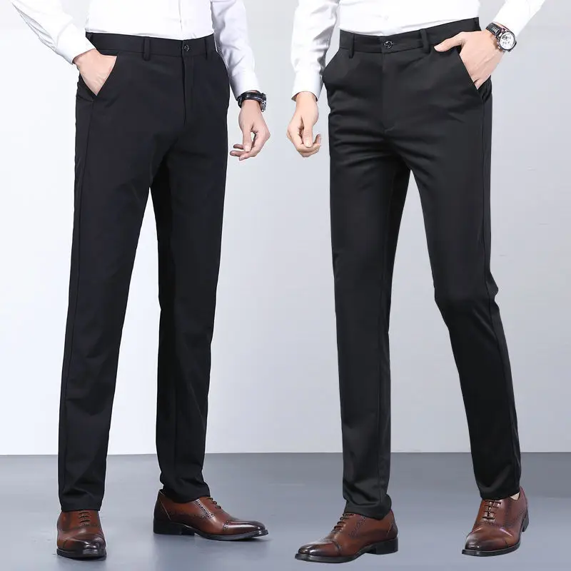 ผู้ชายฤดูร้อนสบายๆ Celana Setelan Elastic Non-Ironing กางเกงสีดำผู้ชายกางเกงบาง Slim-Fit ตรงธุรกิจชุดสูทกางเกง
