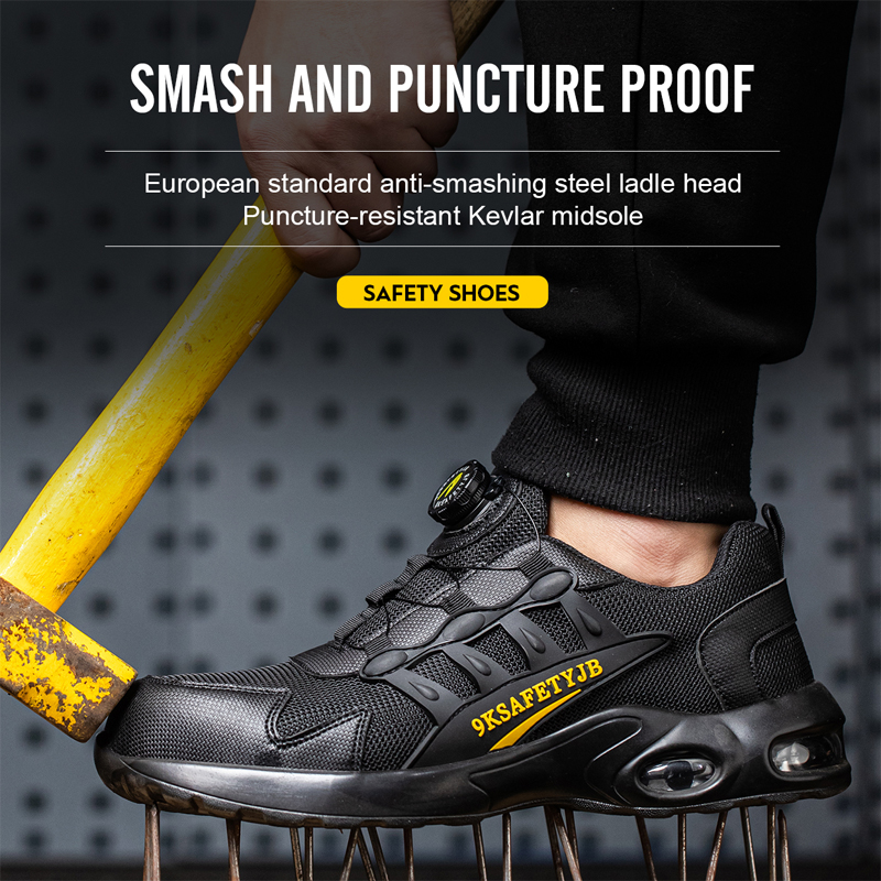 Sapatos de segurança com botão giratório masculino, tênis de trabalho com biqueira de aço, sapatos indestrutíveis, à prova de punção, botas de trabalho com almofada de ar