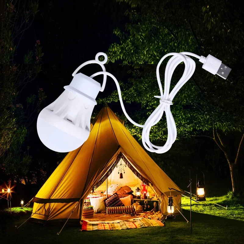 Bombilla LED USB portátil para acampar, minibombilla de 5V con botón de interruptor, lámpara de mesa de estudio para estudiantes