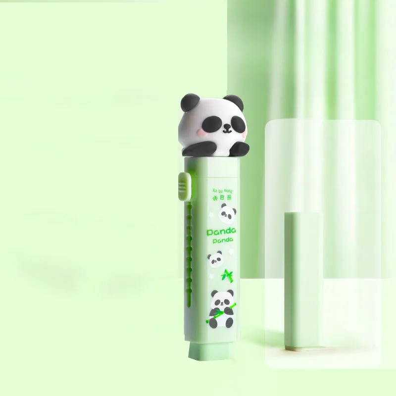 2 unids/set lindo Panda borrador de lápiz lindo Push-pull forma de bolígrafo borrador de lápiz para niños útiles escolares para estudiantes papelería bonita