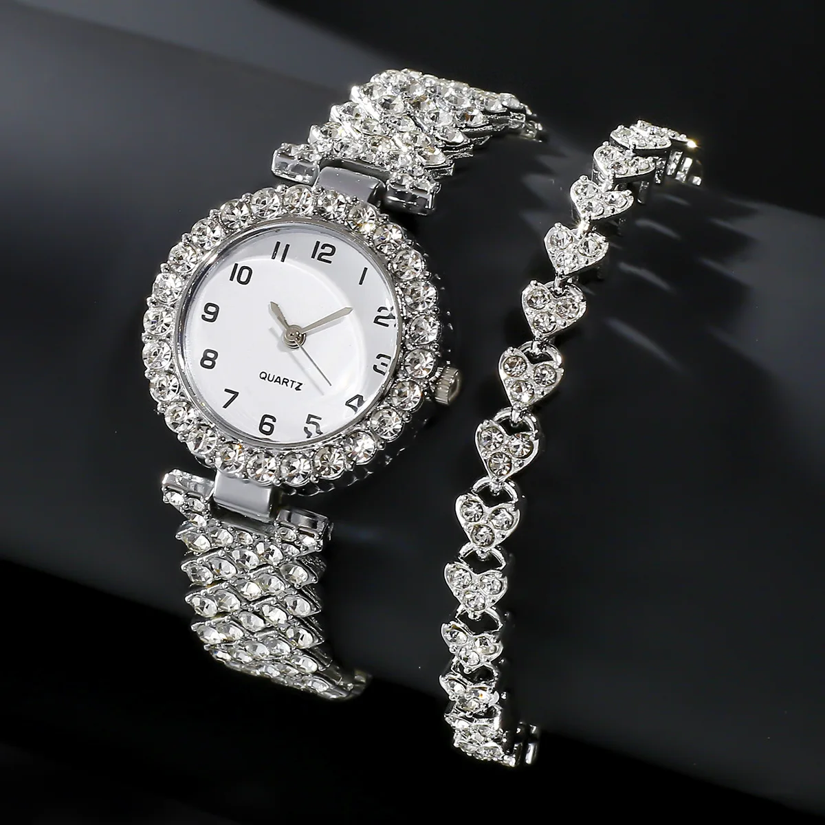 2024 2 uds conjunto de reloj de lujo para mujer, correa de plata, reloj de pulsera de cuarzo para mujer, pulsera de aleación para mujer, conjunto de joyería, reloj de regalo