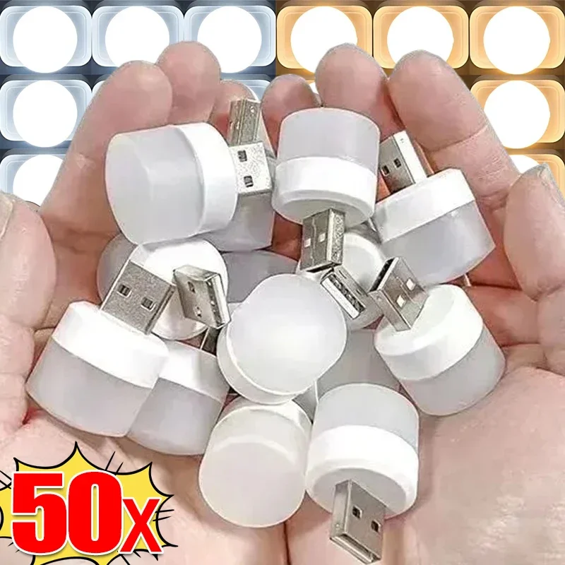 50/1 Uds. Luz nocturna USB Mini luz LED nocturna lámpara con enchufe USB banco de energía carga USB luces de libro lámpara redonda de protección ocular de lectura