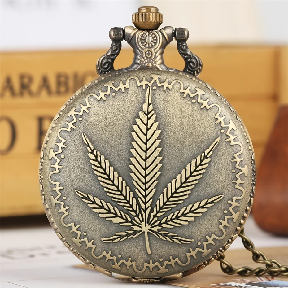 Retro Vintage Bronze Punk Blatt Design Taschenuhr mit Halskette Kette Anhänger Geschenk für Männer Männer Vintage Uhr