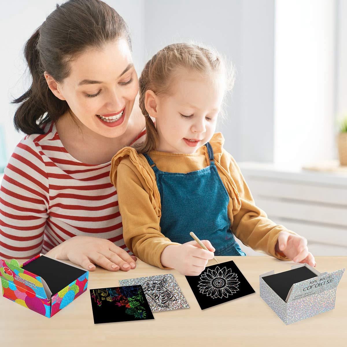 100pcs Scratch Paper Art Set Scratch Off Rainbow Magic Paper with 2 Bamboo Stylus Black Scratch Notes Xmas Birthday Gift Card