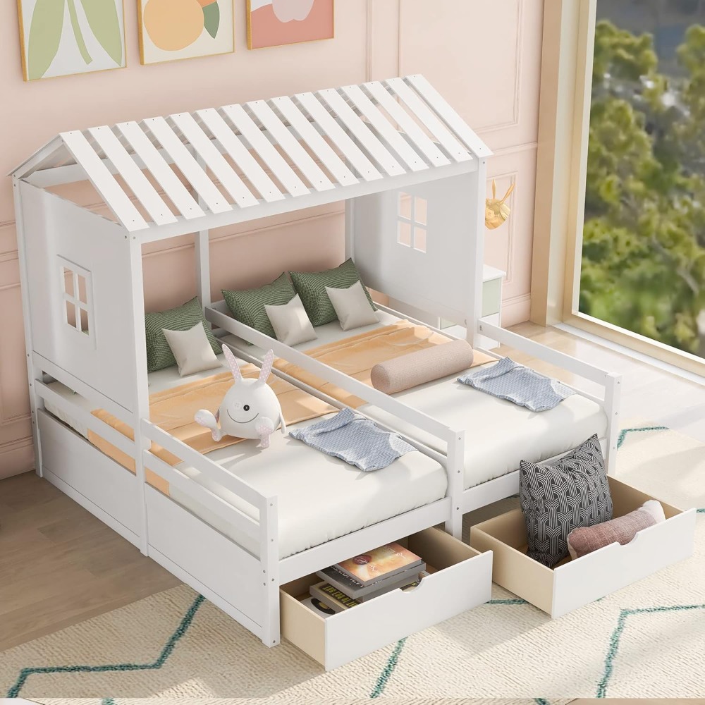 Twin Double Shared Bed,Twin Size House Platform Beds with Two Drawers for Boy and Girl Shared Bed, Montessori House Beds Frame