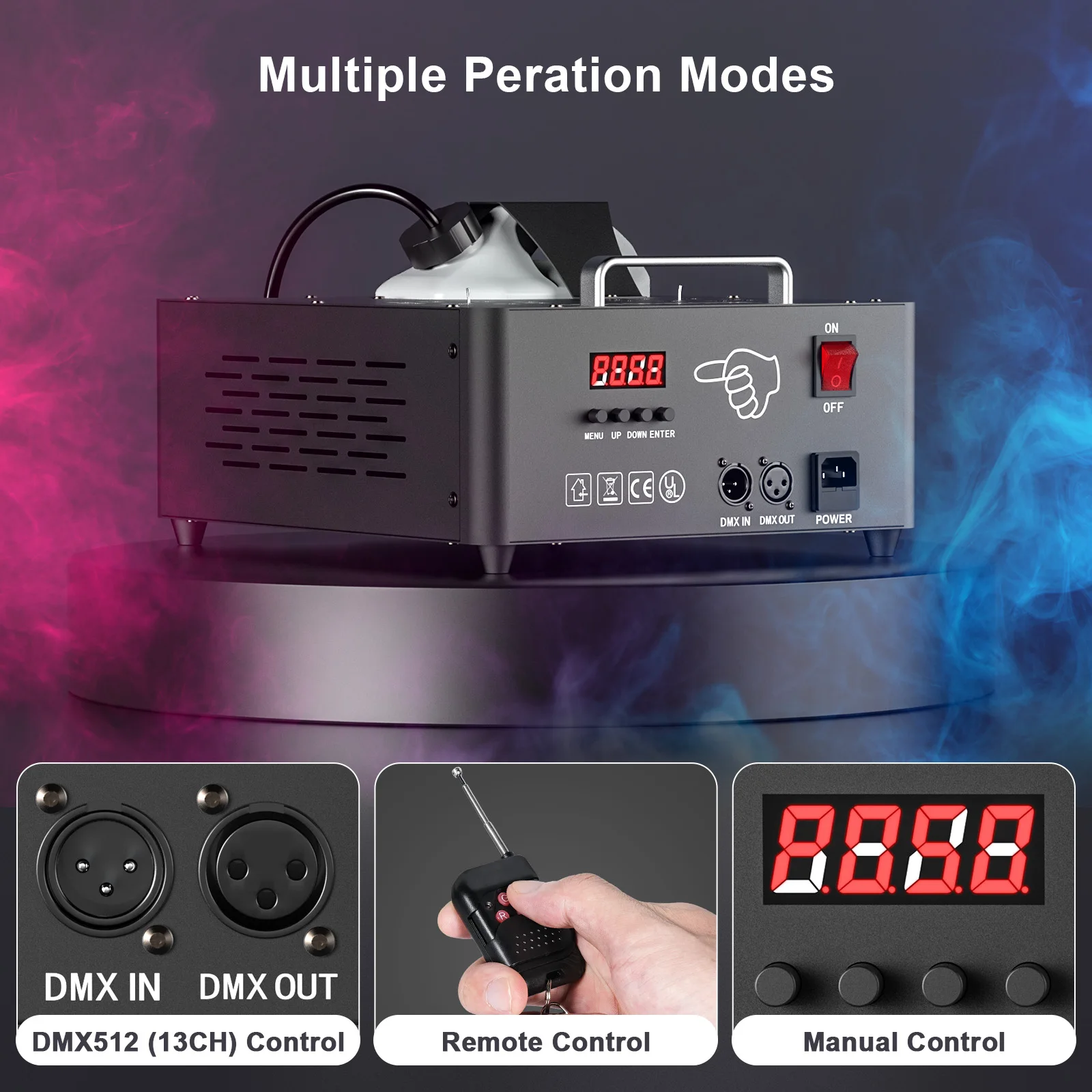 U'King 2000W Double tube réglable Machine à brouillard DMX512 13CH Machine à fumée 8 + 8 RGB 3 en 1 LED coloré DJ scène de mariage Spray