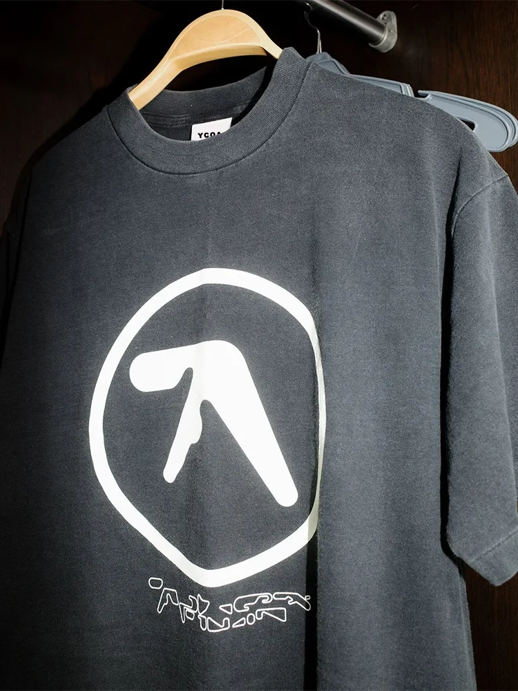男性 Tシャツエイフェックスツイン洗浄黒プリントコットングラフィック特大韓国ファッション半袖トップス Tシャツ Y2k ストリート服