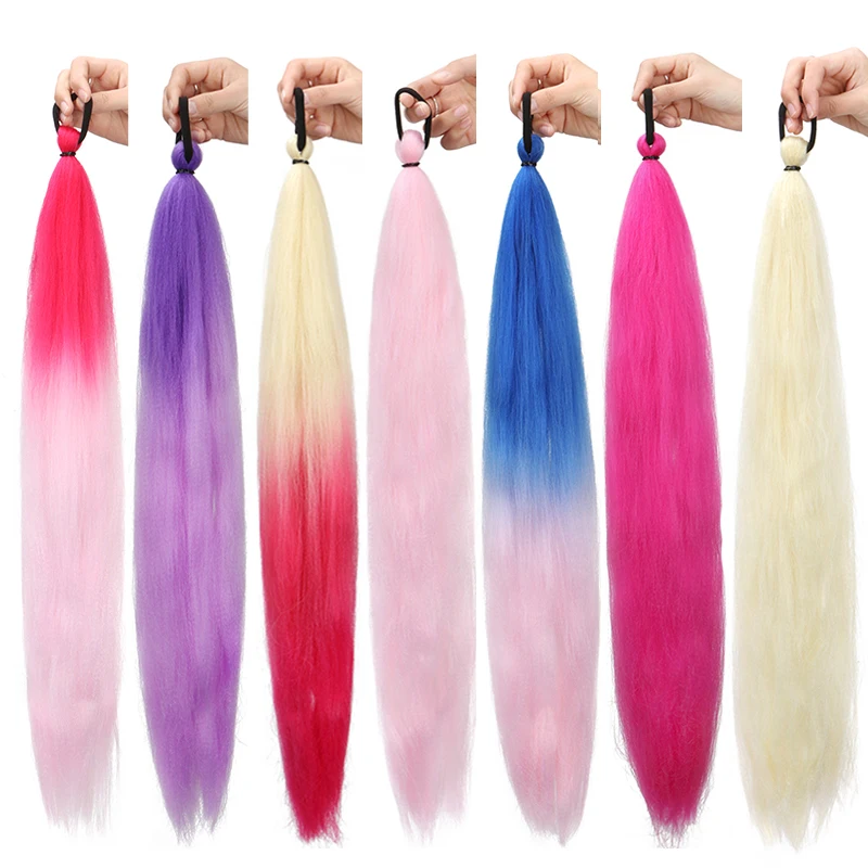 26 Polegada extensão de rabo de cavalo sintético com laço elástico faixa de cabelo longo yaki em linha reta colorido trança rabo de cavalo ombre cores