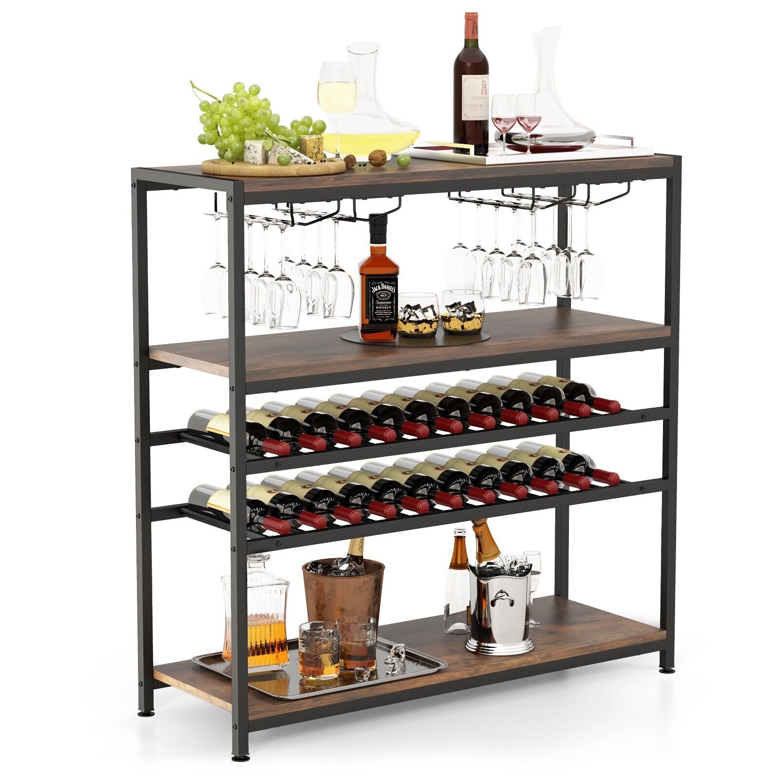 GOFLAME 5-tier Wine Rack Table Freestanding Bar Wine Racks With 4 Rows of Glass Holders