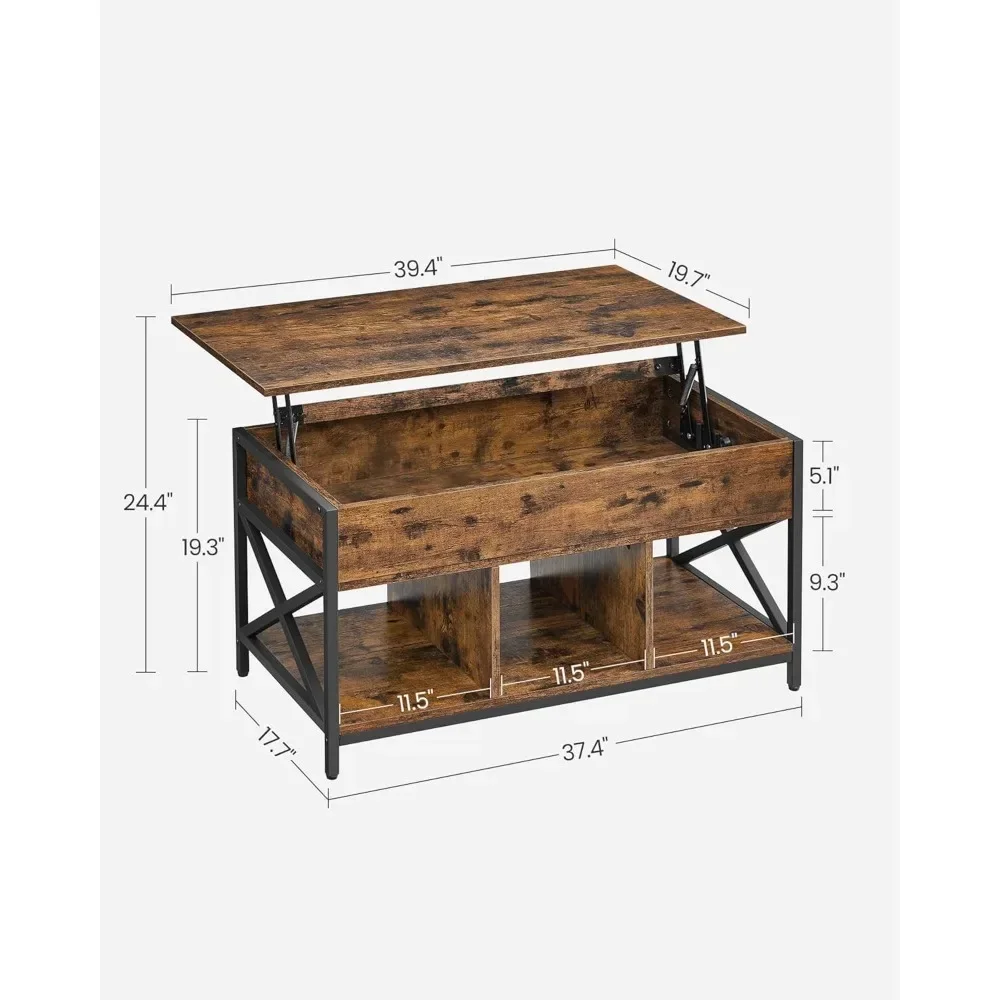 Mesa de centro regulável em altura com prateleiras de armazenamento, compartimento oculto e tampo levantado, marrom rústico e preto