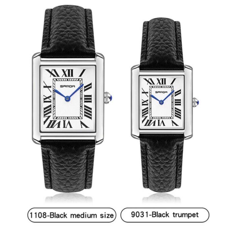 นาฬิกาควอตซ์กันน้ำผู้ชายสำหรับผู้หญิง Jam Tangan pasangan แบรนด์แฟชั่นลำลองของ Sanda 1108นาฬิกาหน้าปัดทรงสี่เหลี่ยมนาฬิกาข้อมือสายหนังผู้หญิง