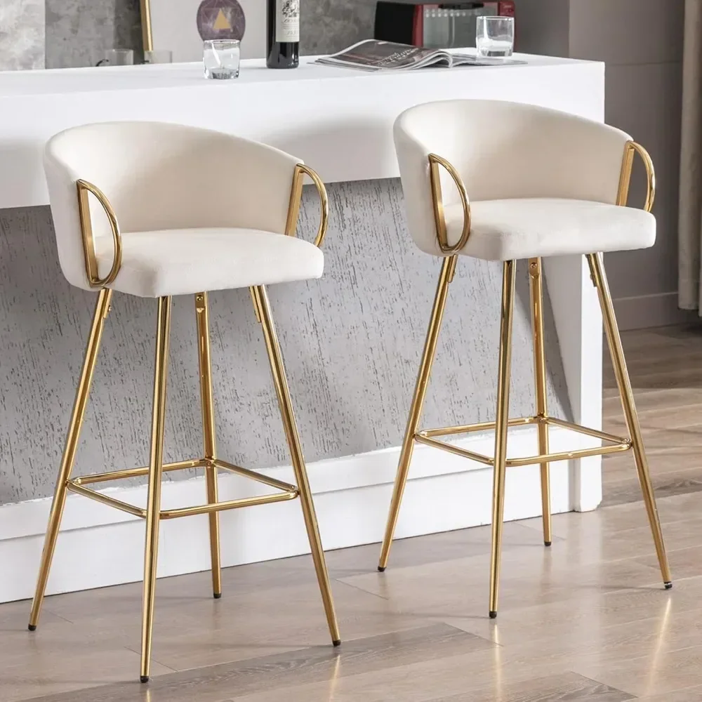 Stools Set of 4, 26 Inch Counter Height Bar Stools Velvet Low Back Chair with Golden Armrest for Kitchen Island/Home Bar/Dining