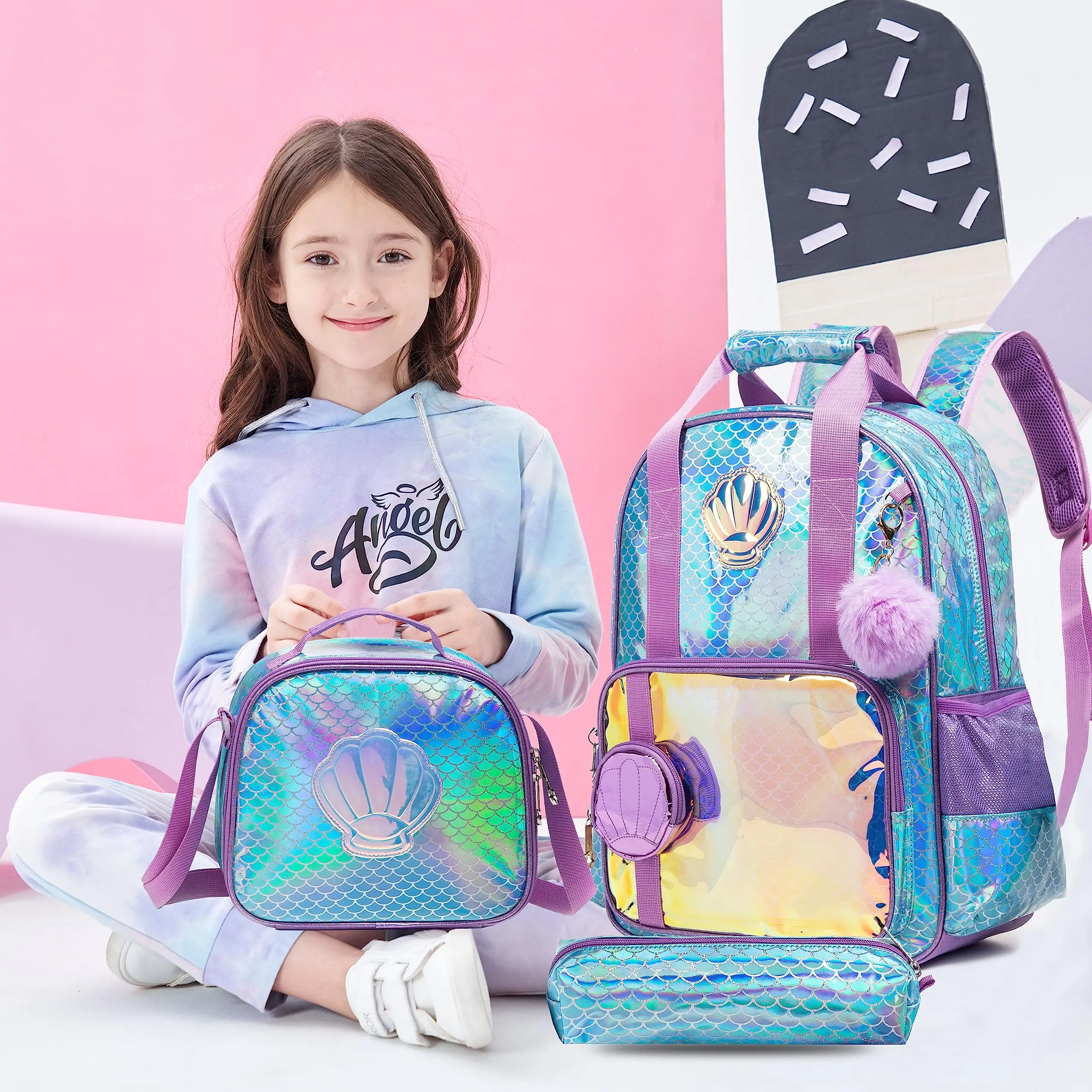 Bikab Rucksack für Mädchen Regenbogen und Stern Schult asche mit Lunchbox Set für Kindergarten Glitter Pailletten Bücher tasche für Mädchen