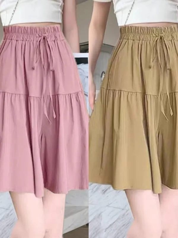 Calças Curtas de Cintura Alta em Nylon com Pregas para Mulheres, Estilo Casual de Verão, Calças de Ballet em Estilo Coreano