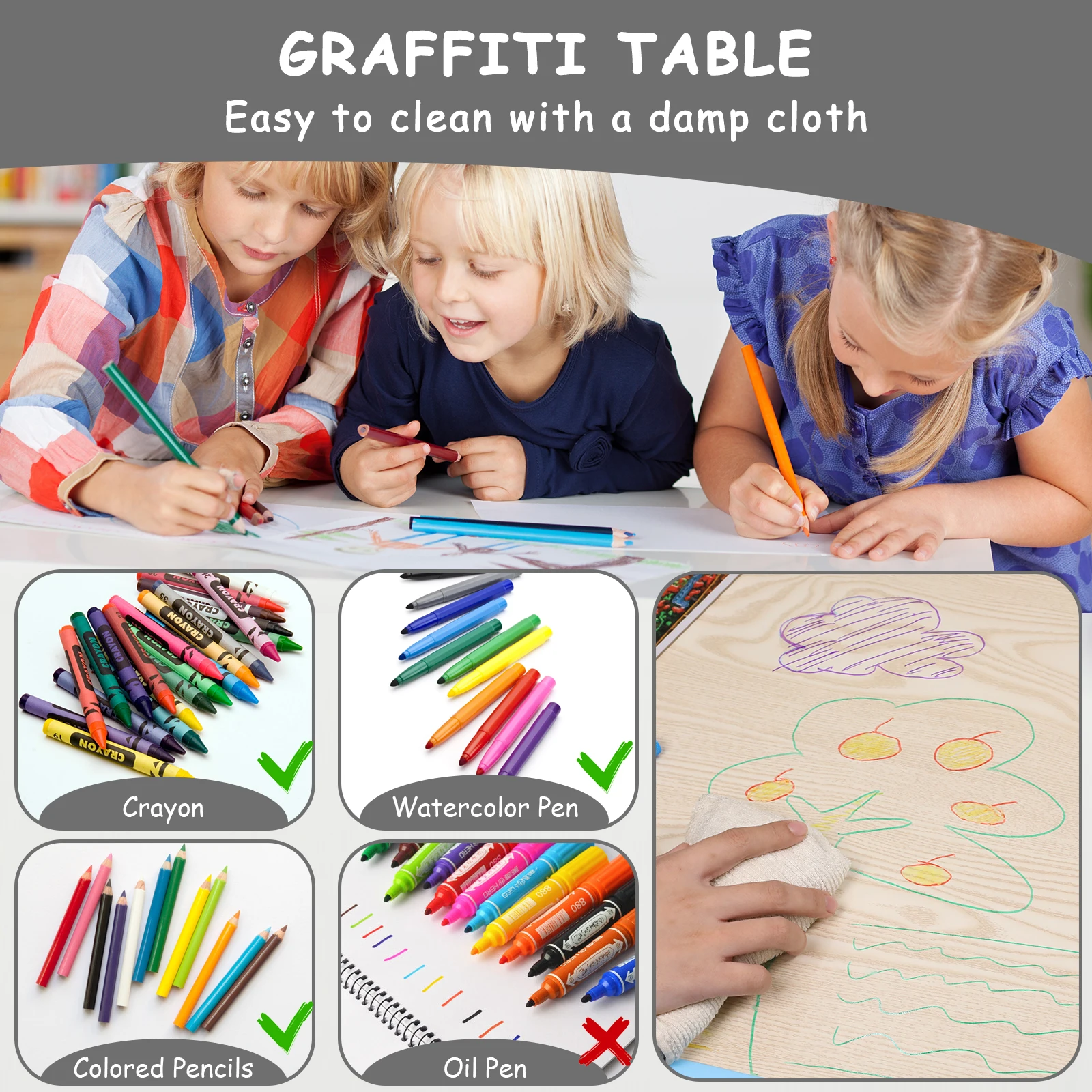 AOOU 47.2‘’ Kid Table and 4 Chairs Set, Height Adjustable Toddler Study Table&Chair Set for Age 2-10, Multi-Activity Art Table