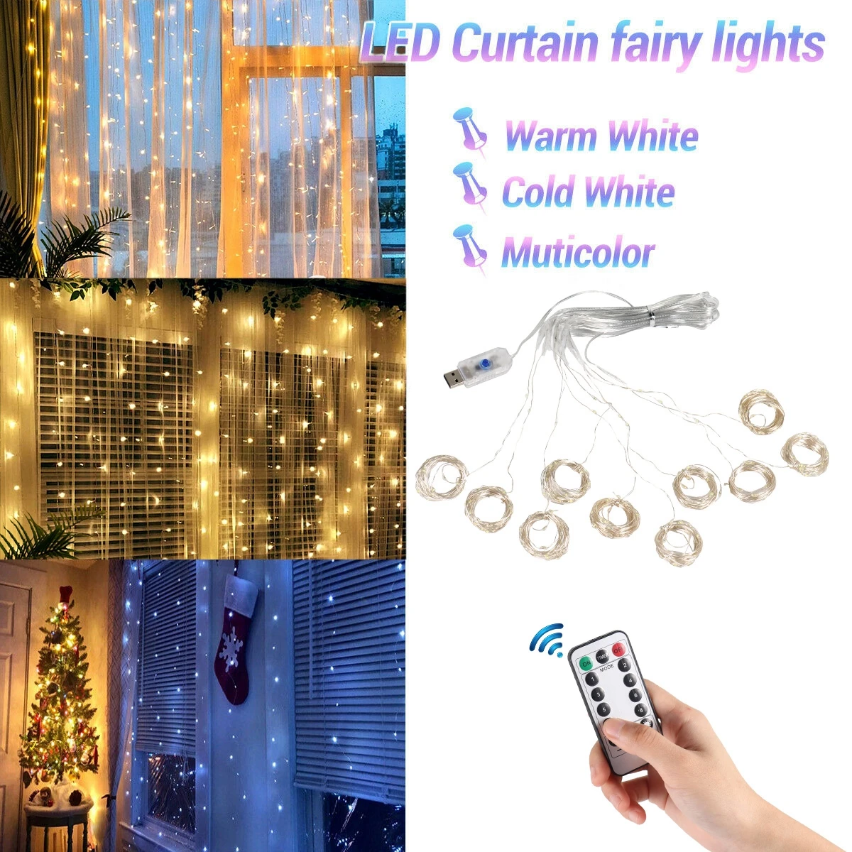 LEDカーテンライトガーランド,USB,リモコン,クリスマスの装飾,休日,結婚式,寝室,家庭用