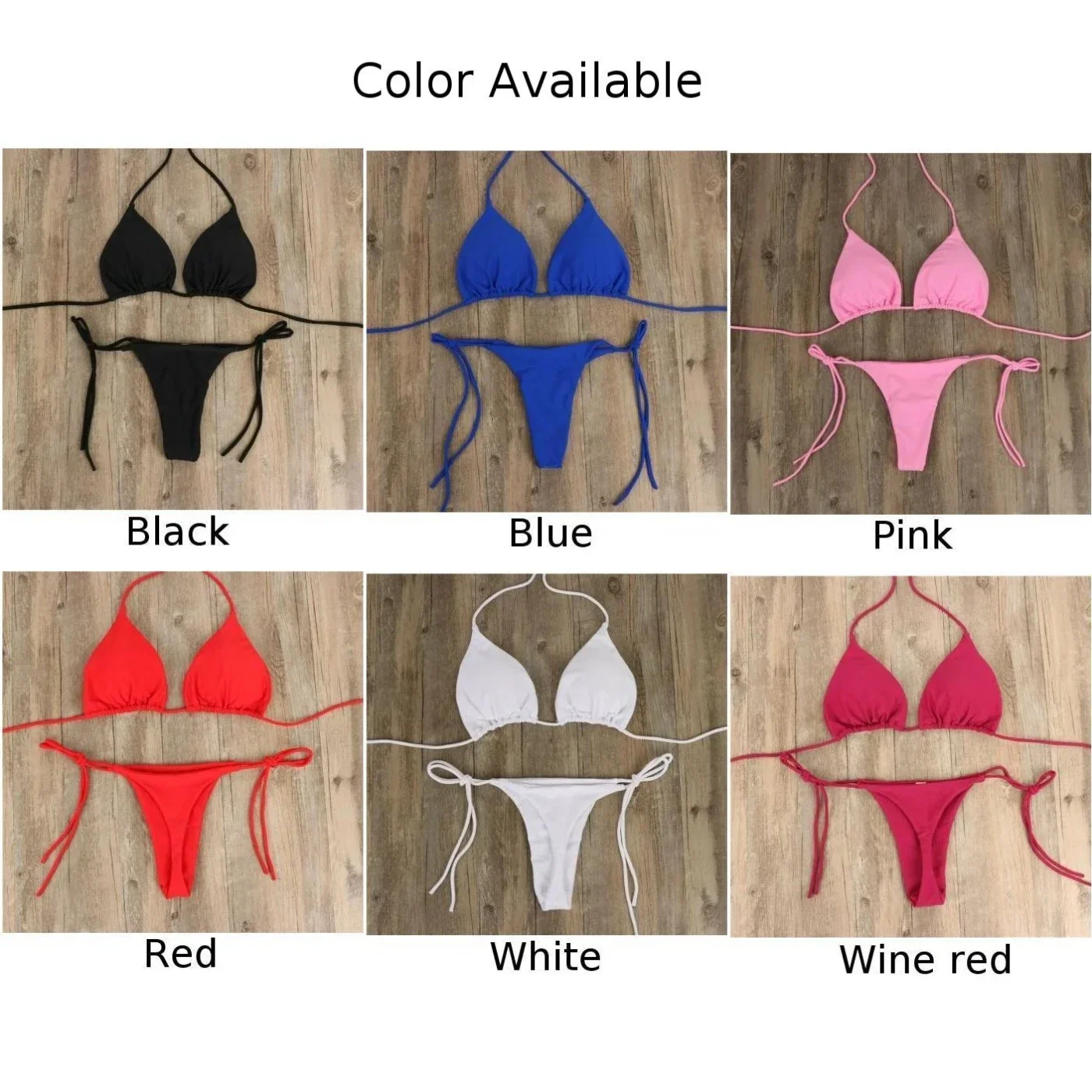 Femmes string Bikini ensemble côté cravate Sexy maillot de bain Style bandeau maillot de bain brésilien cou suspendu couleur unie réglable ensemble de maillot de bain