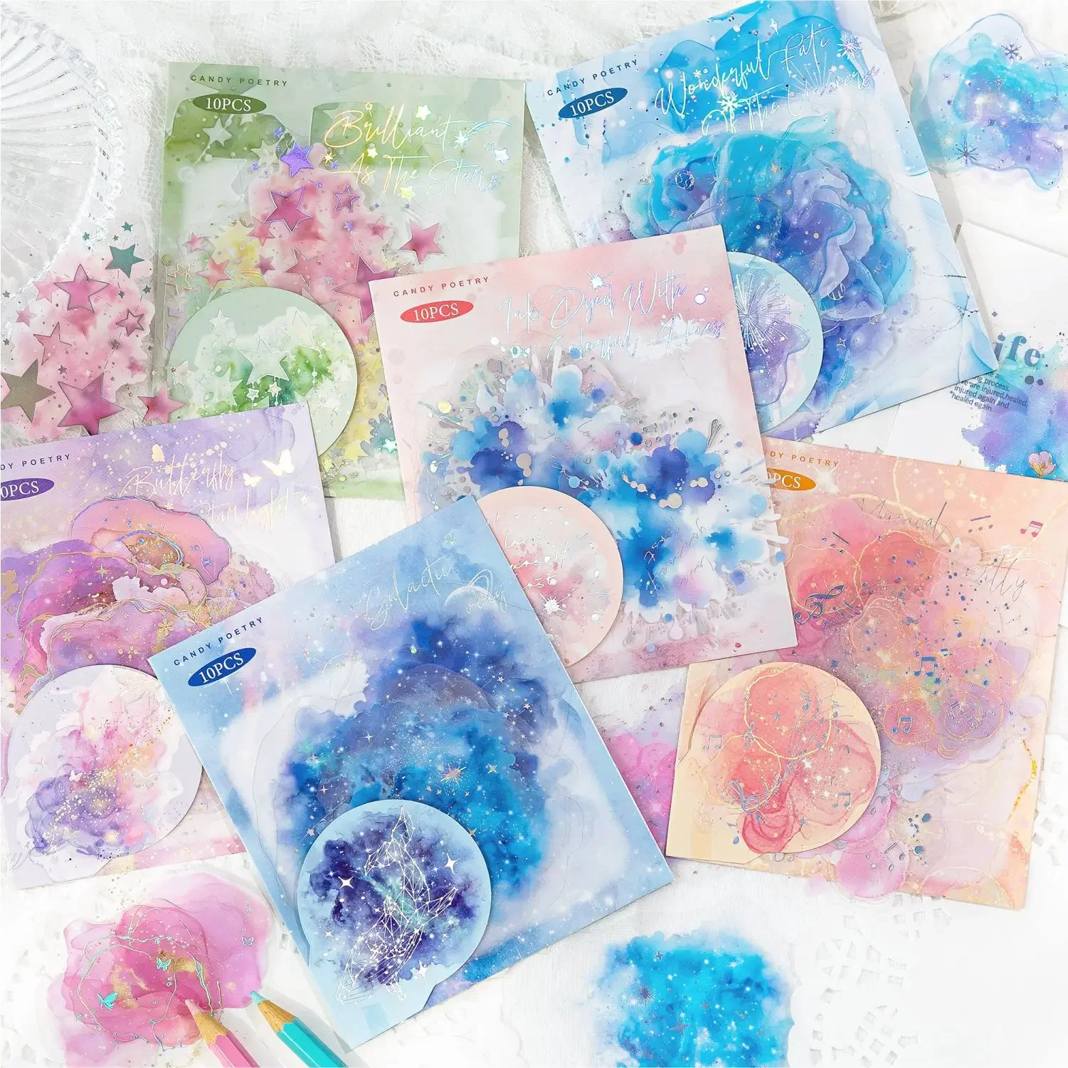 10 個カラフルなシリーズ装飾ステッカー水彩箔スタンピングコラージュスクラップブッキングラベル Diy 日記ジャーナルプランナー