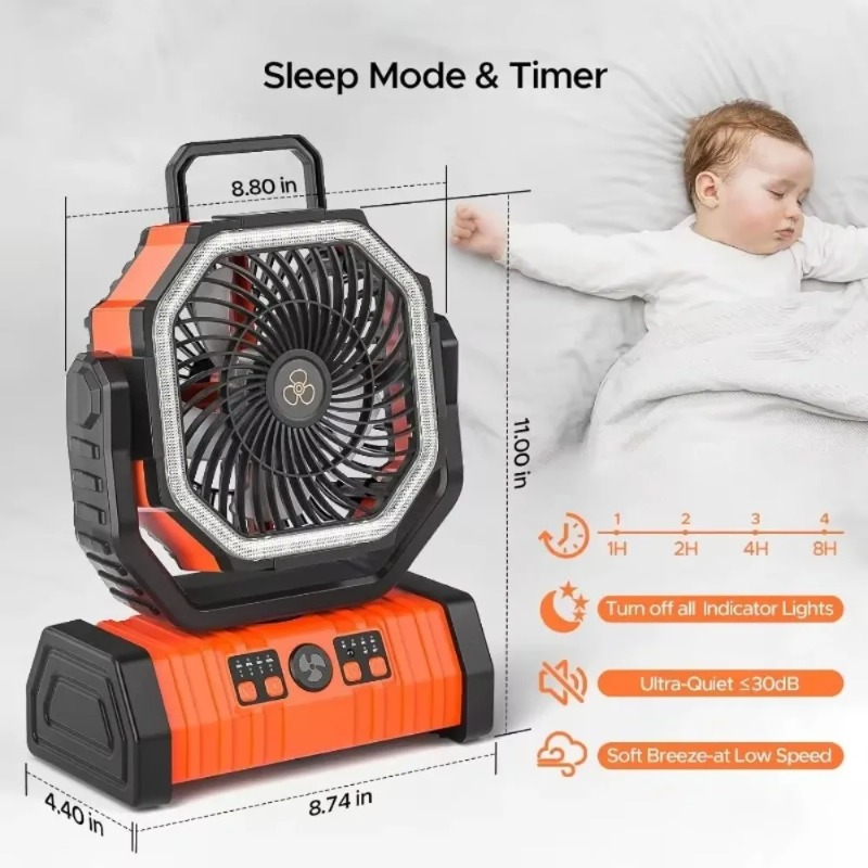 NEW.Rechargeable Camping 20000mAh Auto-Oscillating Battery Operated Fan with Remote/Hook/Timer Fan with LED Lantern,