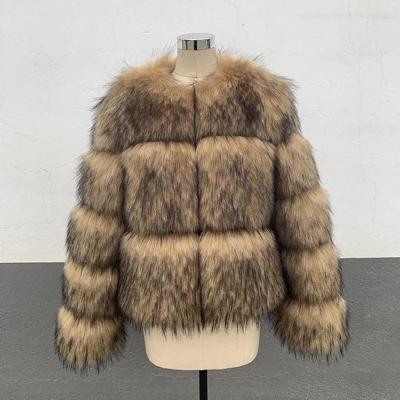 Abrigo de piel de mapache sintética a la moda para mujer, chaqueta superior de piel peluda corta de lujo, chaqueta mullida de felpa para invierno, abrigos de piel gruesa para mujer