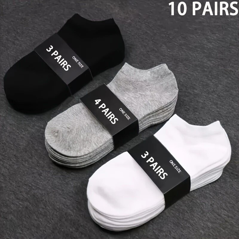 10 Paar Herren-Bootssocken aus Polyester, neuer Stil, Schwarz, Weiß, Grau, Business-Männerstrümpfe, weich, atmungsaktiv, Sommer für Männer