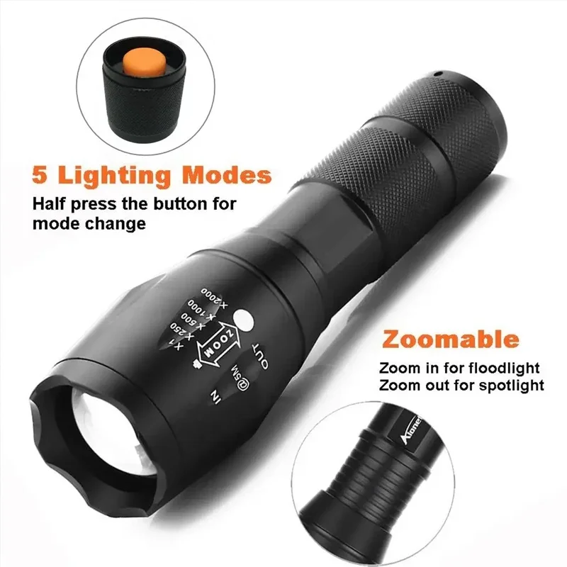 Hochleistungs-T6-LED-Taschenlampen, Camping-Taschenlampe, 5 Lichtmodi, Zoomlicht, Aluminiumlegierungen, wasserdichtes Material, extern, 18650-Akku