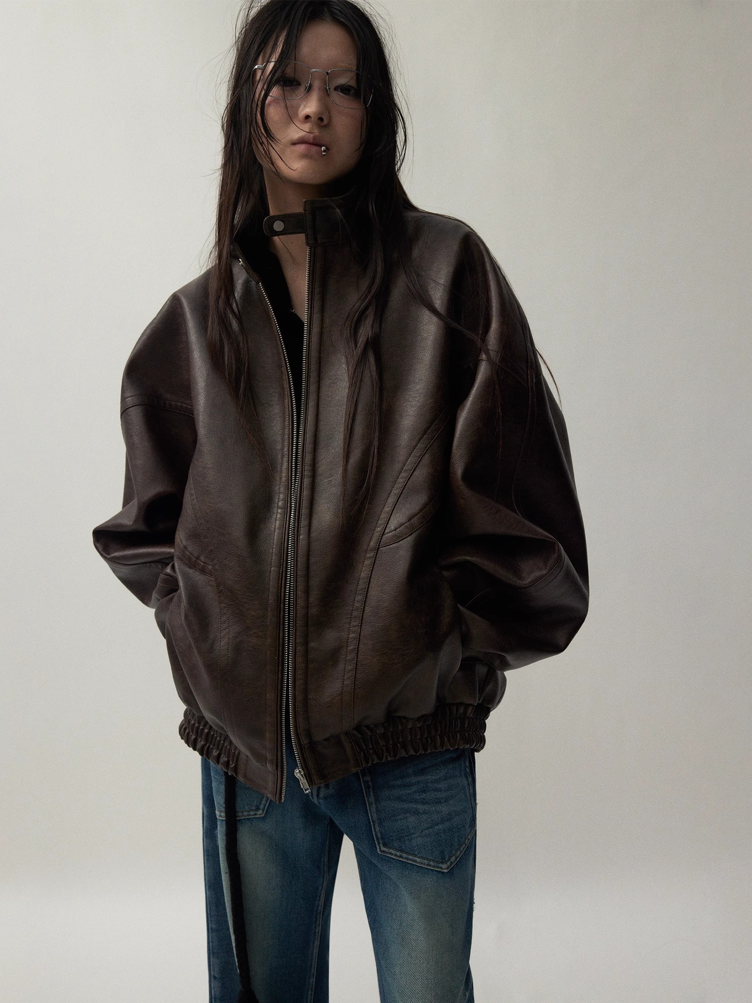 Lautaro Herbst Coole Hübsche Distressed Braun Übergroße Pu Leder Jacke Frauen Zipper Stehkragen Amerikanische Retro Kleidung