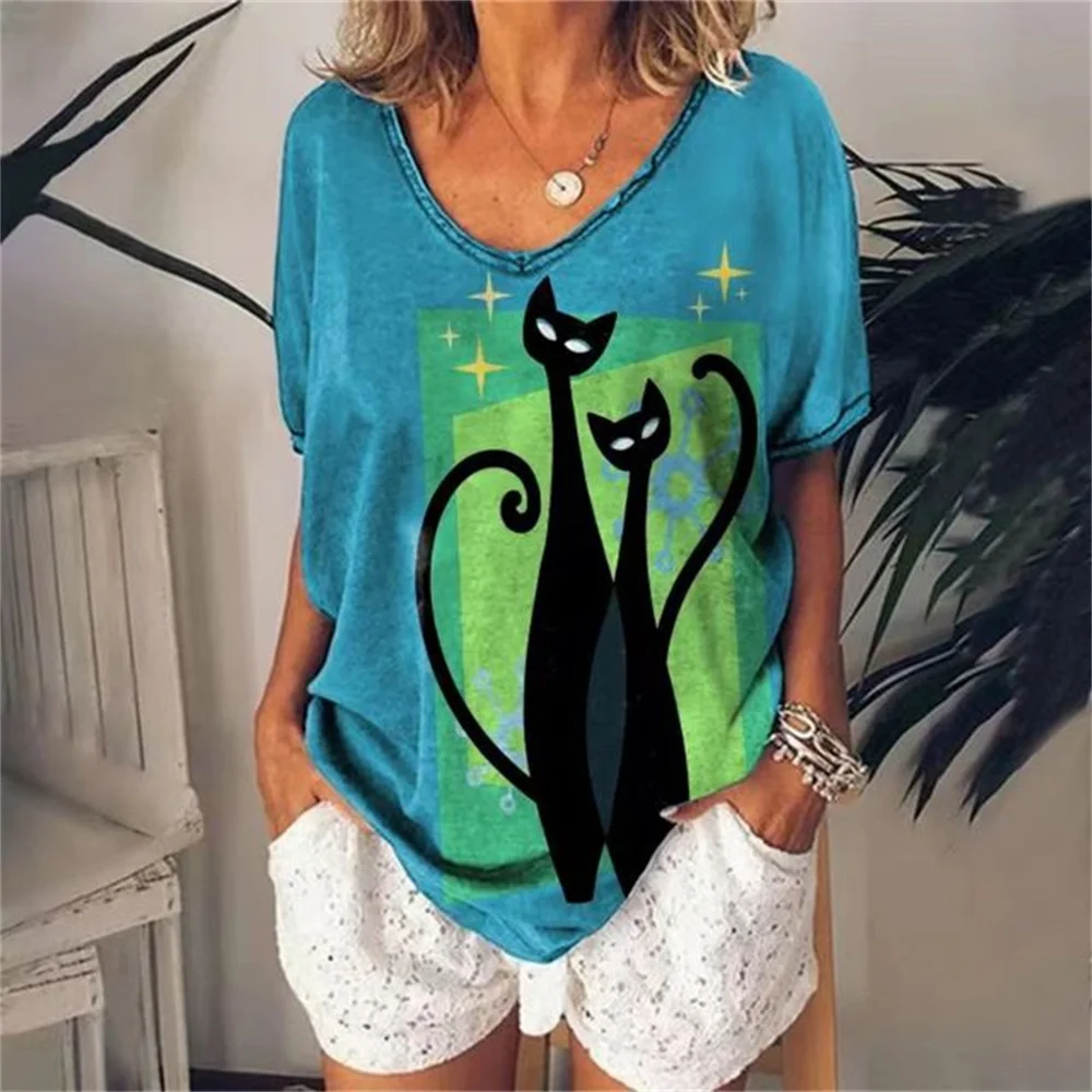 漫画アニメ猫女性の Tシャツファッショントップ Tシャツ 3d Tシャツ原宿カジュアル半袖 V ネック特大女性服